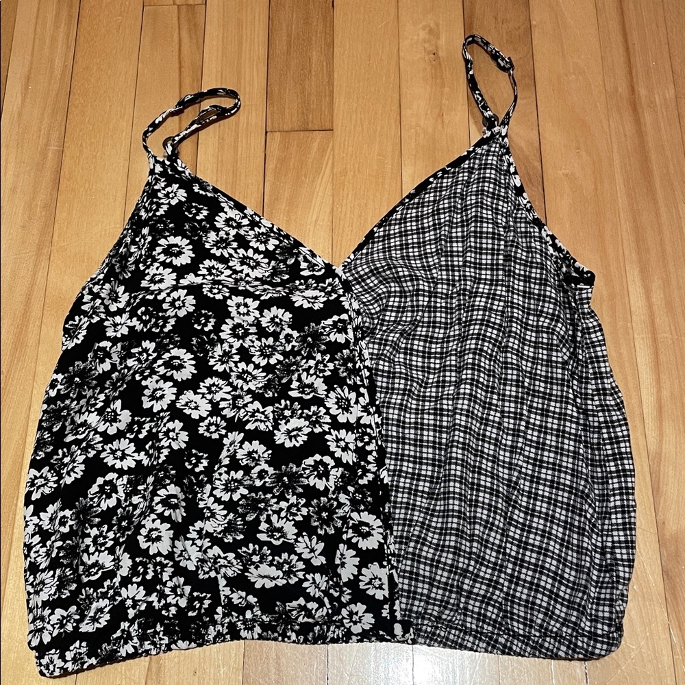 Garage Monochrome Half Plaid and Half Floral Top